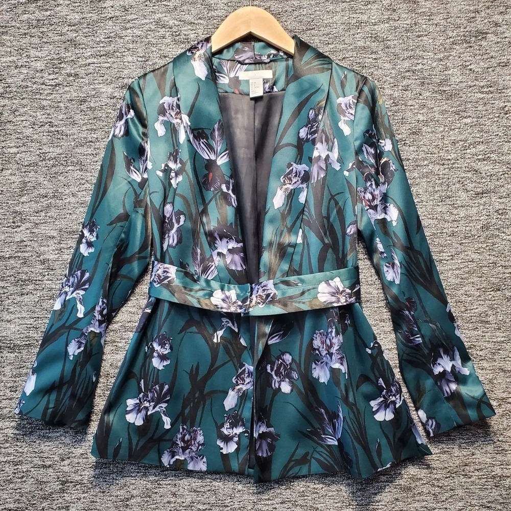 H&M Emerald Green Satin Iris Floral‎ Blazer Womens 8 Green Open Front Jacket